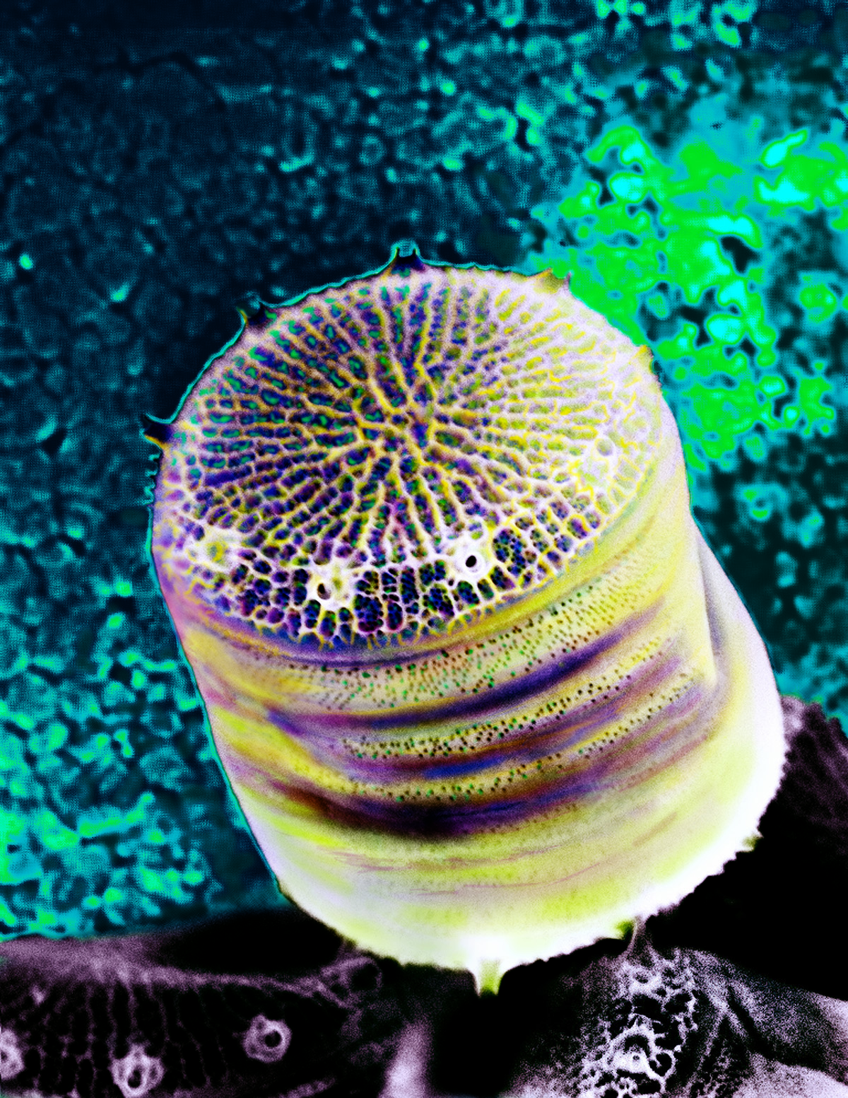 Colorized SEM illustration of Diatom, T. Pseudonan, artwork by Leila Hornick