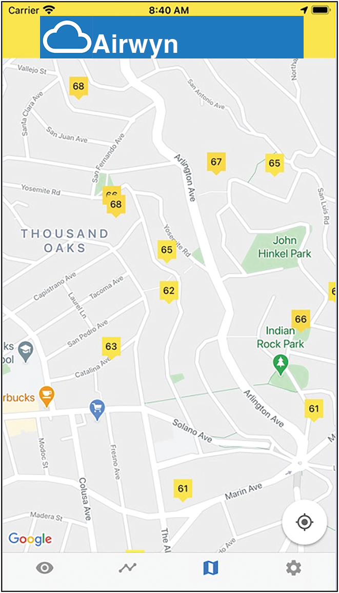 The Airwyn clean air app street-view screen showing a close-range map centered around the mobile device using the app, with yellow bubbles indicating the moderately unsafe air quality index (AQI) for nearby air-quality sensors.