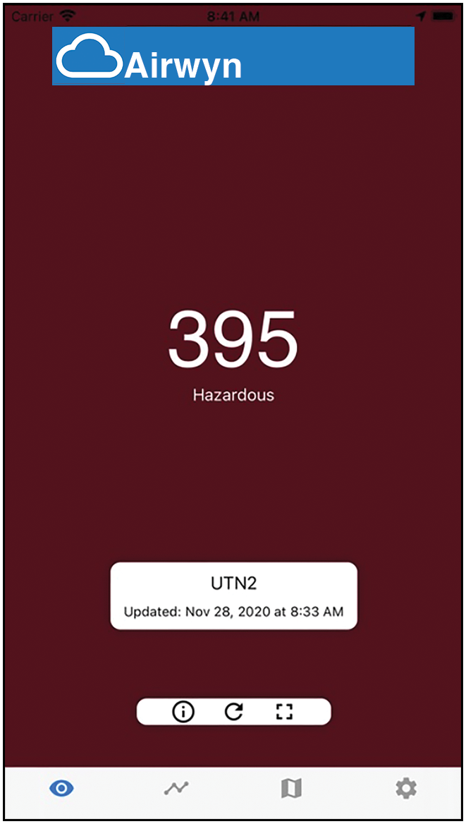 Airwyn, clean air app showing a red-colored air quality index (AQI) of 395, which is extremely unsafe air to breathe.