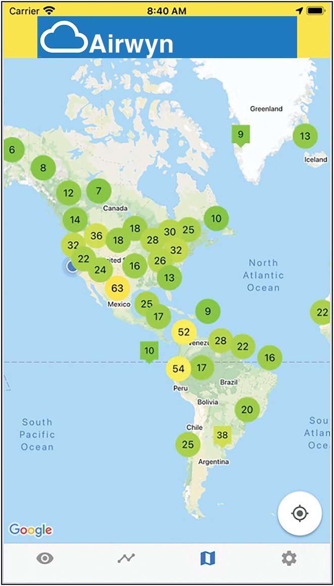 Airwyn the clean air app showing the global map view, with high-level air quality index (AQI) bubbles visible, all in green safe AQI range.
