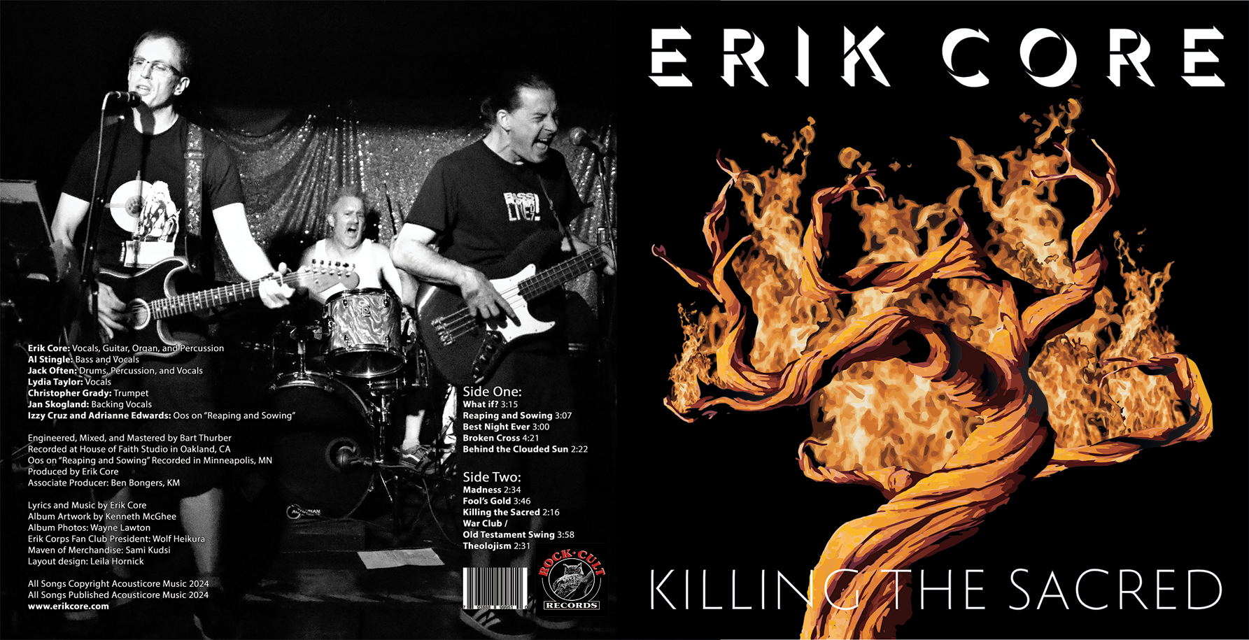 The cover design for a punk rock LP album showing a black and white picture of the band performing on the back of the cover and a color image of a burning Joshua Tree with the words ERIK CORE and Killing The Sacred on the cover side.