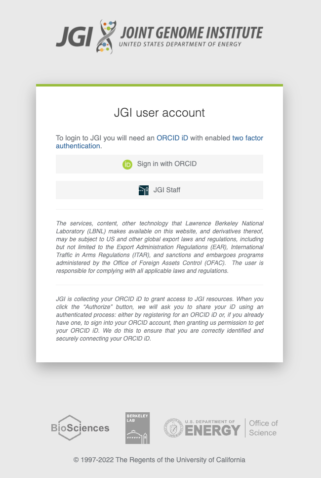 A screenshot of the JGI login/authentication screen showing options for signing in with ORCiD ID or staff Gmail.